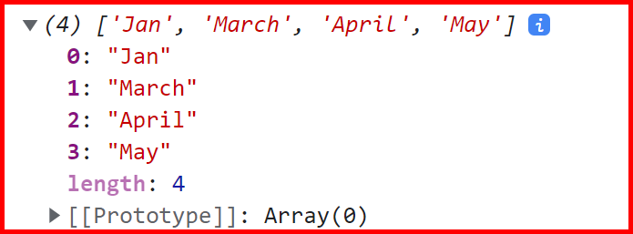 Picture showing the array after an element is removed in an array using the Splice function